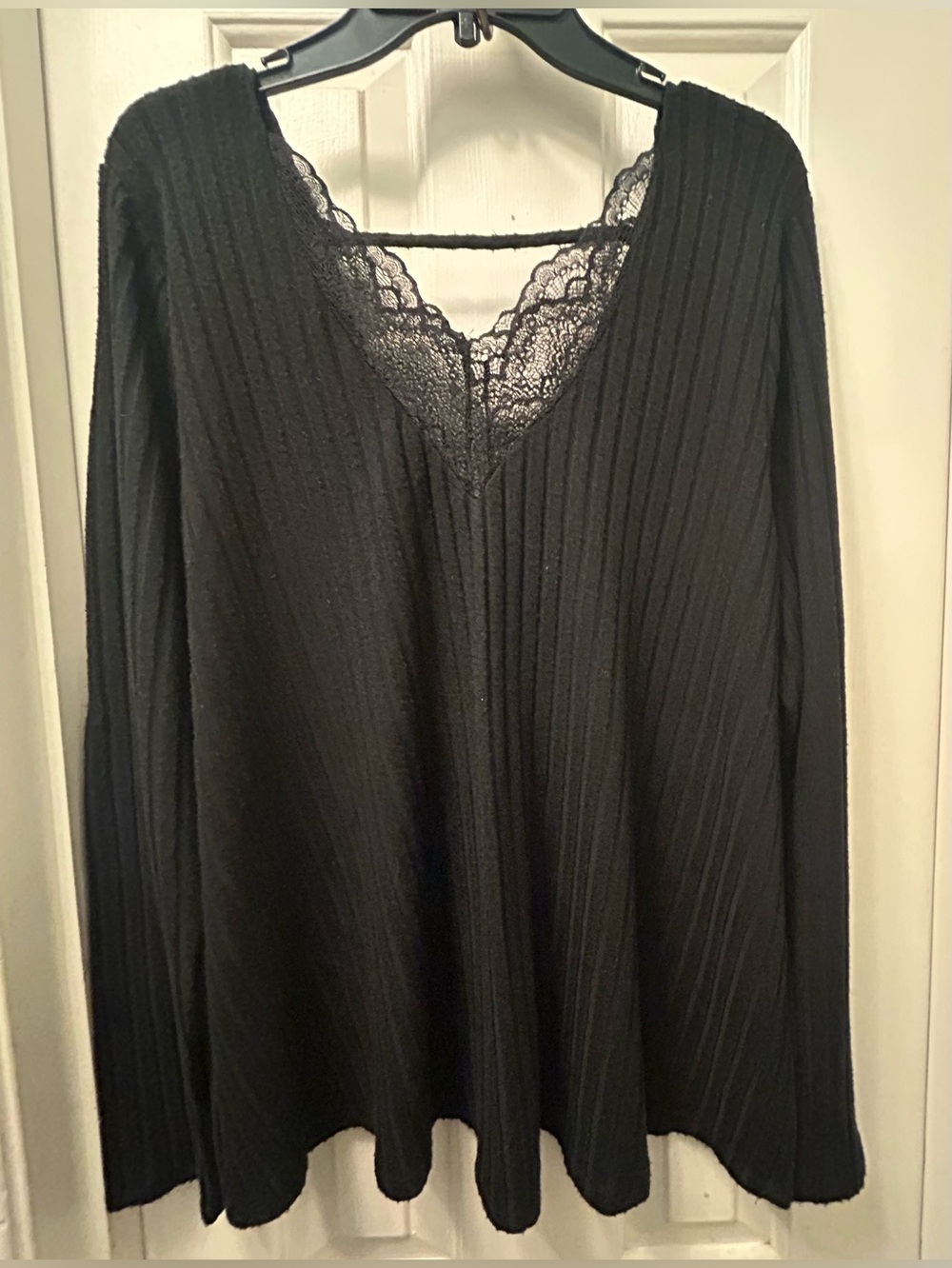 Black Ribbed V-Neck Sweater with Lace Trim